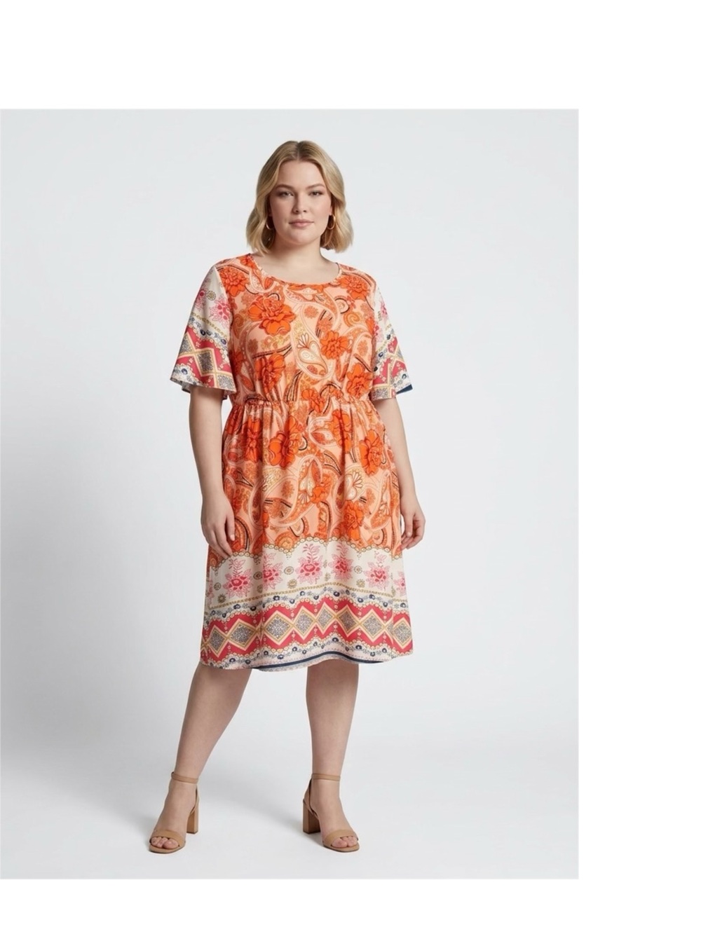 SHEIN Orange Floral Paisley Midi Dress